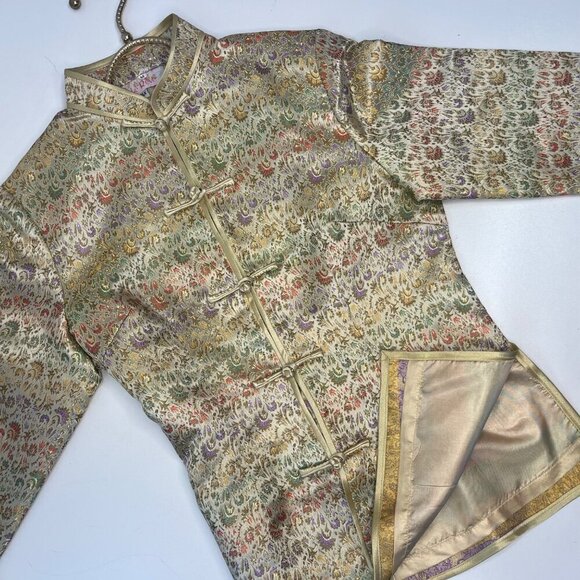 Vintage Crop Kimono Robe Asian Jacket Size XSmall Gold Long Sleeve 100% Silk - Picture 4 of 6